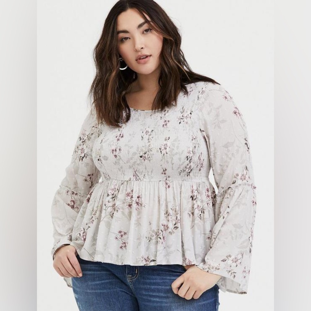Torrid Victorian Babydoll Crinkle Gauze Midi Top Blouse Floral Ivory Plus Size 3